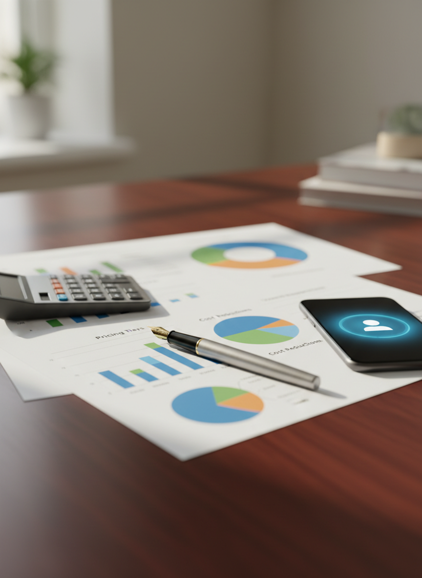 A detailed close-up of a polished wooden desk with printed financial reports spread out, showing colorful but non-readable charts and bar graphs suggesting pricing options and cost savings for small businesses. A high-quality metal pen rests diagonally across one report beside a minimalist grey calculator and a slim smartphone displaying a glowing contact icon on its screen, without any text. Soft, diffused afternoon light from an unseen window casts gentle shadows and subtle highlights on the paper texture. Photographic realism, captured from a slightly elevated angle, with sharp focus on the foreground and a softly blurred background of neutral office tones, creating a calm, methodical, and reliable mood ideal for an accounting and payroll services website.