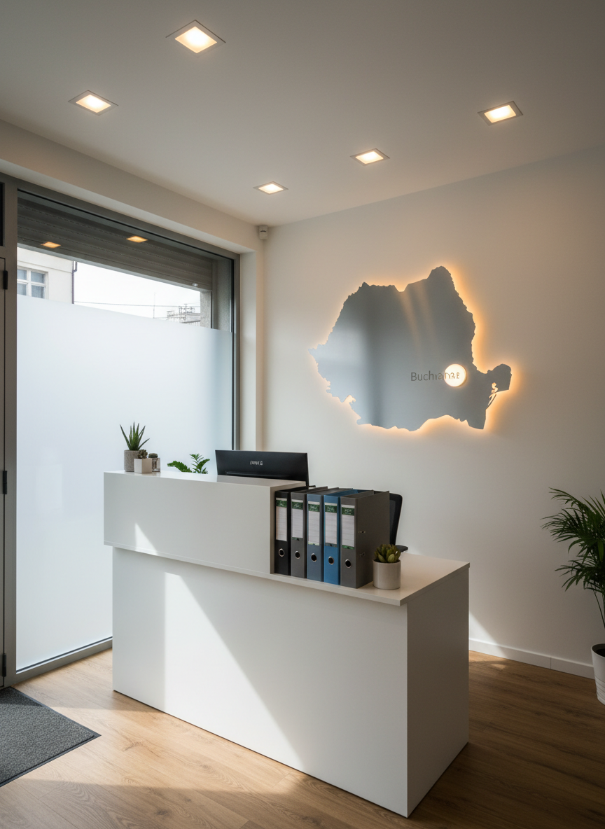A modern, compact small-business office in Bucharest represented by a tidy front desk with a clean reception counter, a computer monitor, and neatly arranged folders in muted blues and greys. On the wall behind the desk, a stylized map outline of Romania is rendered as a metallic art piece, with a subtle highlight around the Bucharest area, avoiding any text. Warm, soft ceiling lighting combines with natural light from a side window, casting inviting shadows and a gentle glow across the scene. Photographic realism, framed in a wide-angle, eye-level composition, conveys accessibility, local expertise, and professional trustworthiness for a Romanian accounting firm.