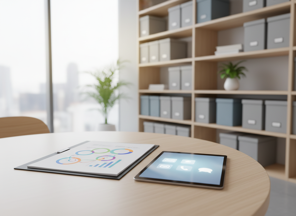 A minimalist client-consultation setting showing a round light-wood table in a modern office, with a single open folder displaying simplified, colorful diagrams representing financial planning and tax optimization, deliberately out of focus to avoid readable text. A tablet lies nearby, its screen glowing with generic icons suggesting email, phone, and chat contact routes. In the background, shelves hold neatly aligned grey and blue archival boxes and a small, tasteful plant, hinting at an organized accounting practice. Soft, warm studio-style lighting creates a welcoming, calm atmosphere. Photographic realism, captured from an eye-level perspective using the rule of thirds, expressing transparency, professionalism, and supportive partnership for Romanian small business accounting clients.