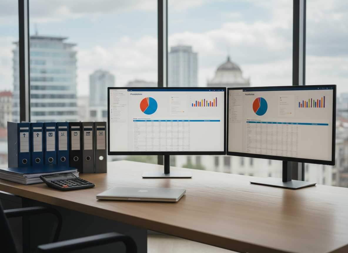 A sleek, organized accounting workspace featuring a large light oak desk with two ultra-thin monitors displaying colorful financial dashboards and payroll tables, deliberately blurred to avoid readable text. Stacks of neatly arranged blue and grey binders labeled with subtle icons sit to one side, next to a closed silver laptop and a classic dark grey calculator. The scene is set in a modern Bucharest office with a city skyline faintly visible through a large window. Soft natural daylight floods the room, creating gentle reflections on the glass and metal surfaces. Photographic realism, shot at eye level with a shallow depth of field, conveys a professional, trustworthy, and approachable small-business atmosphere.