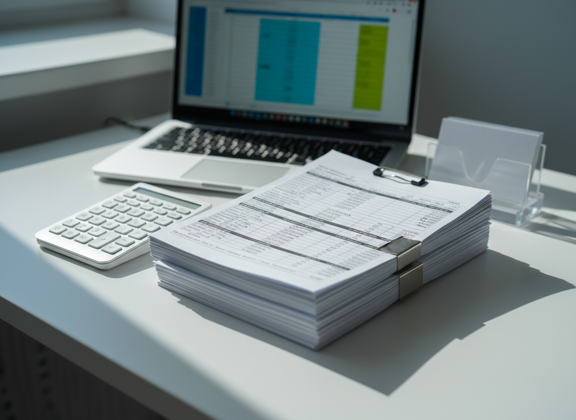 A carefully arranged payroll processing scene on a matte white desk, featuring a stack of neatly clipped payslip-style documents with anonymized, unreadable numbers, a sleek numeric keypad, and an open laptop showing blurred spreadsheet columns in shades of blue and green. Beside them, a small transparent acrylic card holder contains blank white cards symbolizing multiple contact options. Cool daylight from a nearby window creates crisp, clean illumination with soft shadows, emphasizing clarity and precision. Photographic realism with a slightly overhead camera angle and balanced composition, creating a sense of order, accuracy, and efficiency tailored to salary and HR services for small Romanian businesses.