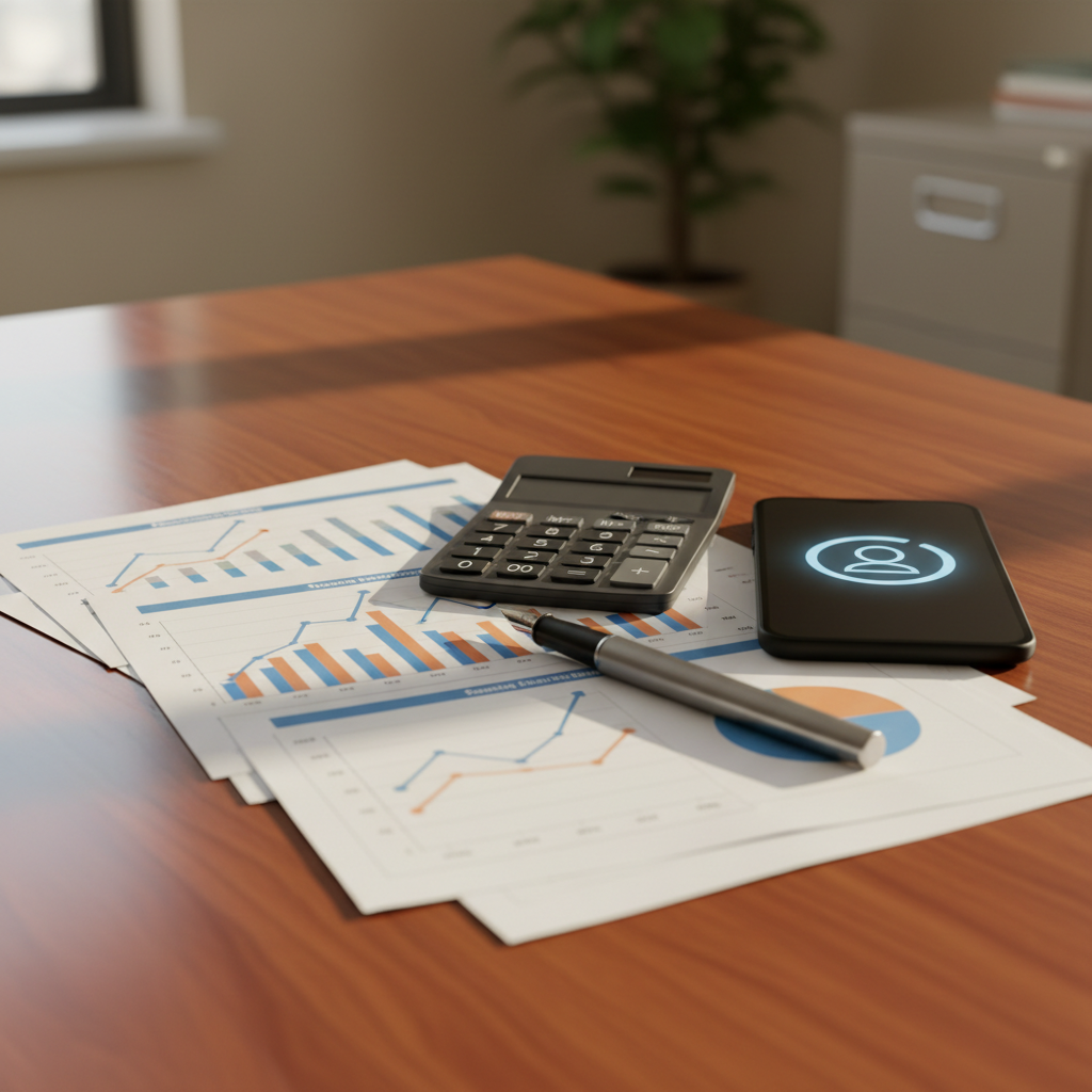 A detailed close-up of a polished wooden desk with printed financial reports spread out, showing colorful but non-readable charts and bar graphs suggesting pricing options and cost savings for small businesses. A high-quality metal pen rests diagonally across one report beside a minimalist grey calculator and a slim smartphone displaying a glowing contact icon on its screen, without any text. Soft, diffused afternoon light from an unseen window casts gentle shadows and subtle highlights on the paper texture. Photographic realism, captured from a slightly elevated angle, with sharp focus on the foreground and a softly blurred background of neutral office tones, creating a calm, methodical, and reliable mood ideal for an accounting and payroll services website.
