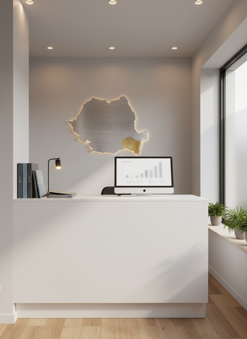 A modern, compact small-business office in Bucharest represented by a tidy front desk with a clean reception counter, a computer monitor, and neatly arranged folders in muted blues and greys. On the wall behind the desk, a stylized map outline of Romania is rendered as a metallic art piece, with a subtle highlight around the Bucharest area, avoiding any text. Warm, soft ceiling lighting combines with natural light from a side window, casting inviting shadows and a gentle glow across the scene. Photographic realism, framed in a wide-angle, eye-level composition, conveys accessibility, local expertise, and professional trustworthiness for a Romanian accounting firm.